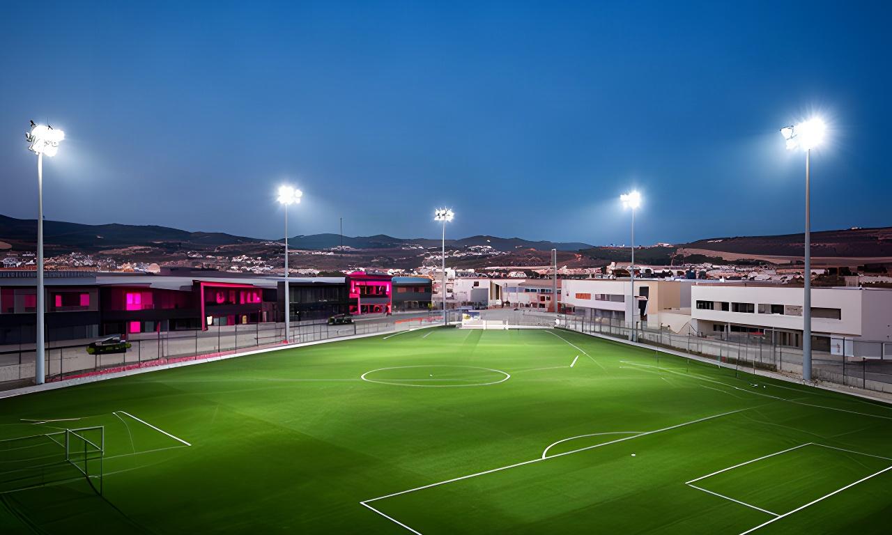 Campo de fútbol iluminado junto a las instalaciones deportivas de Carlos' Cancha en Huétor Tájar