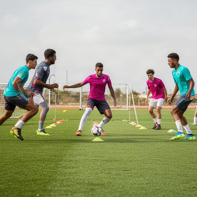 Jugadores de fútbol realizando un ejercicio técnico durante un entrenamiento en Huétor Tájar