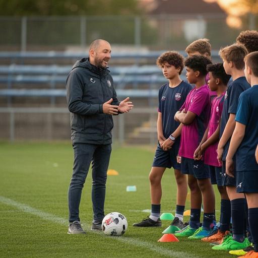 Entrenador y jóvenes futbolistas conversando en la banda de un campo de fútbol
