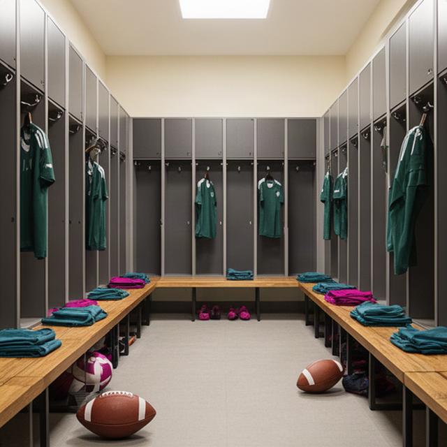 Vestuario de equipo de fútbol ordenado con bancos, taquillas y equipación deportiva