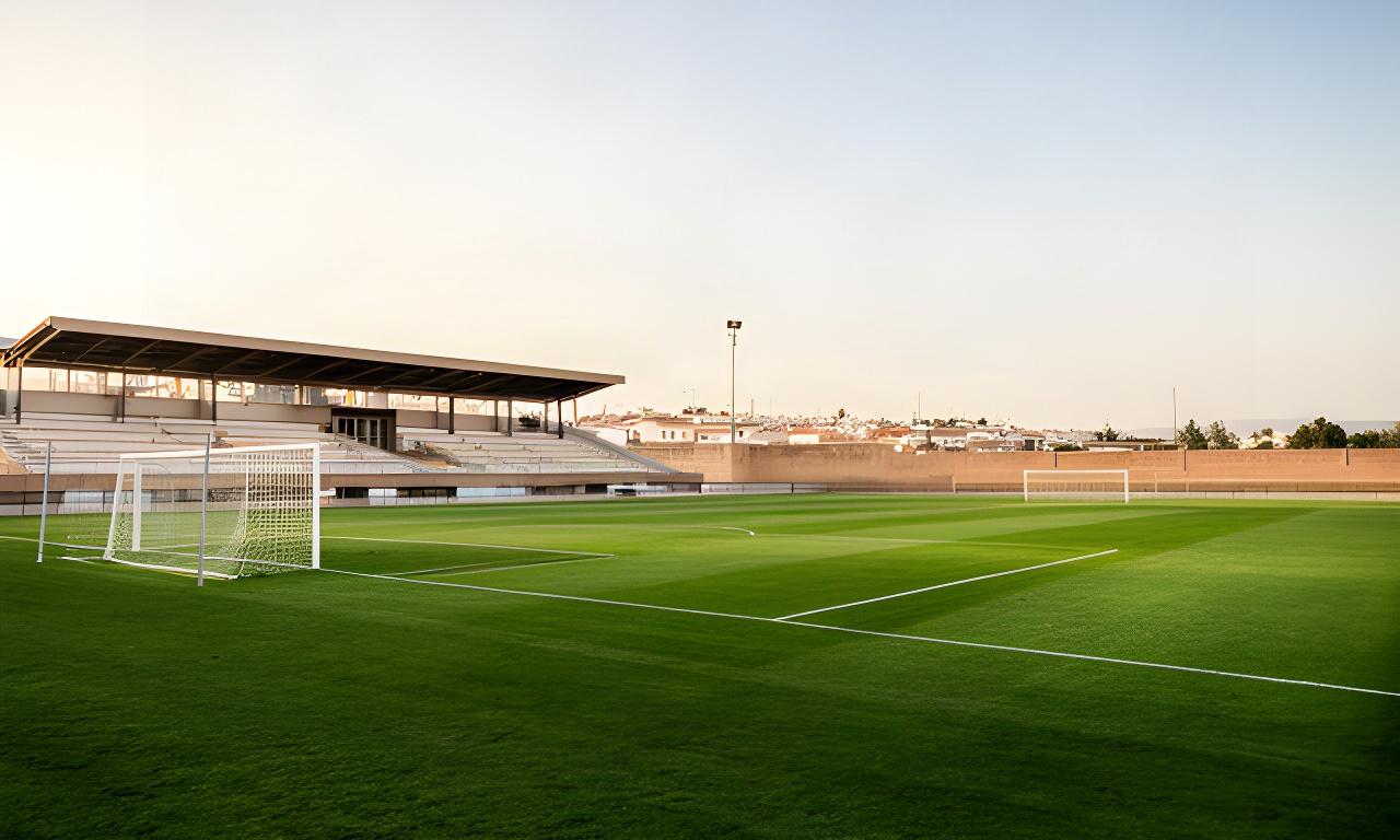 Campo de fútbol 11 de césped natural en Huétor Tájar con porterías reglamentarias y grada lateral