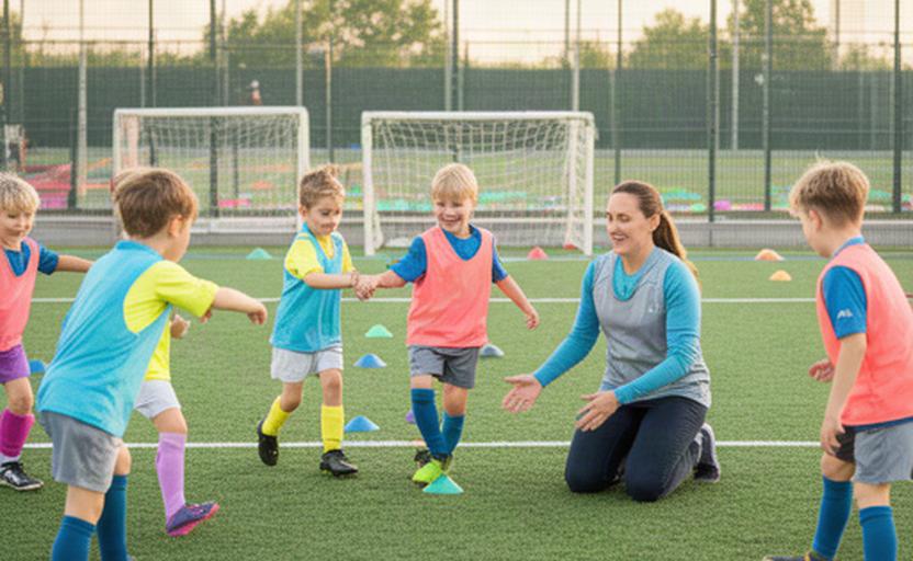 Niños de 6 a 10 años practicando pases cortos con su entrenadora en una instalación deportiva