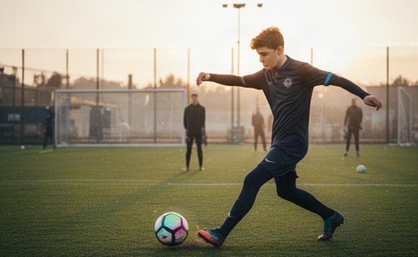 Futbolista de 17 años ejecutando un disparo durante una sesión de alto rendimiento