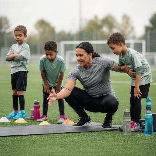 Preparador físico guiando un ejercicio de recuperación muscular junto a jóvenes futbolistas