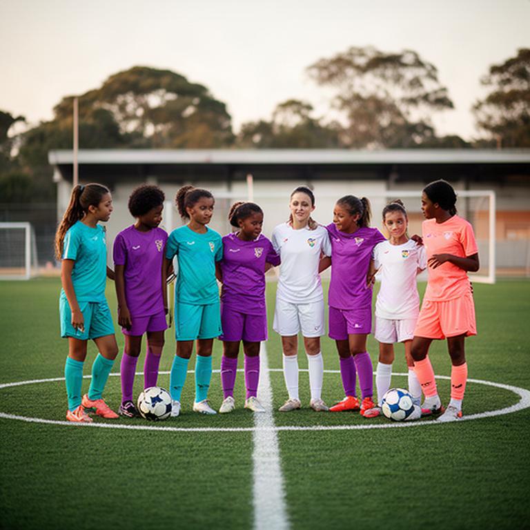 Jugadoras de fútbol base femenino reunidas en el centro del campo antes de una jornada de liga