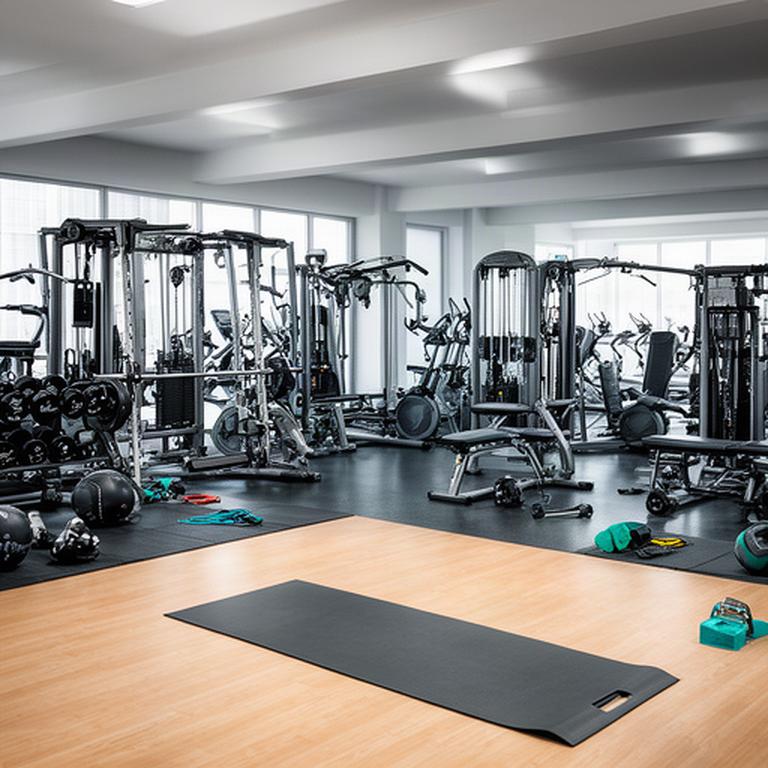 Gimnasio de instalaciones deportivas con máquinas de fuerza, zona de cardio y espacio de estiramientos
