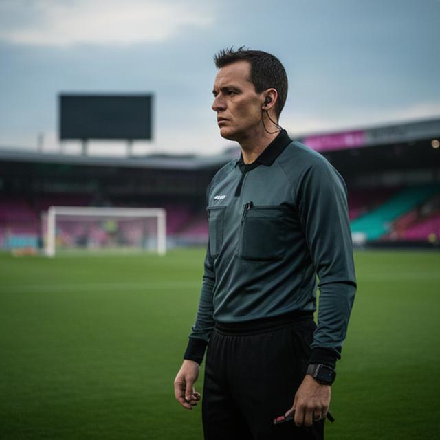 Árbitro preparado junto al terreno de juego antes del inicio de un partido de fútbol