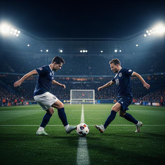 Saque de centro en un partido de fútbol nocturno con gradas iluminadas
