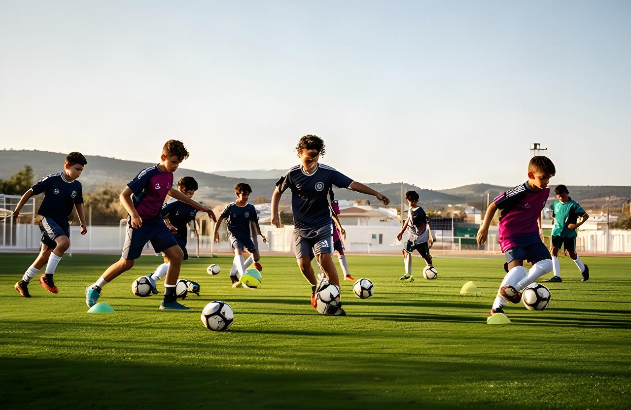 Jugadores jóvenes realizando ejercicios de conducción de balón en un campo de fútbol de Huétor Tájar