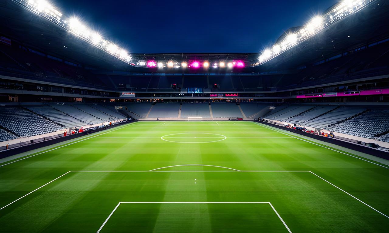 Campo de fútbol iluminado al anochecer con líneas reglamentarias y gradas vacías