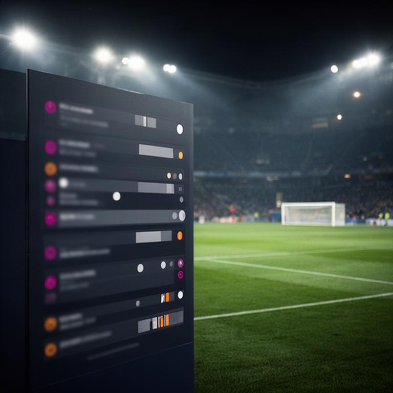 Panel con clasificación de una liga de fútbol junto a un campo iluminado de noche