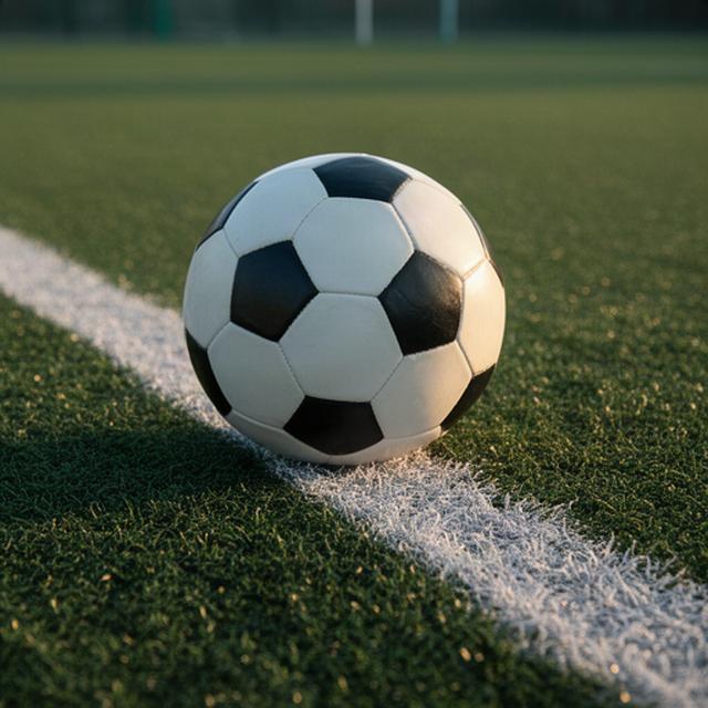 Balón de fútbol sobre césped cuidado junto a una línea blanca del terreno de juego