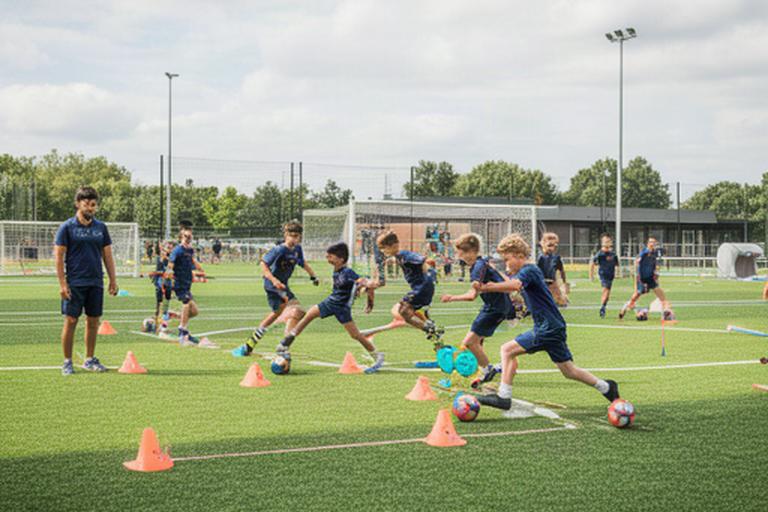Sesión de entrenamiento de fútbol con jugadores realizando ejercicios técnicos en Huétor Tájar