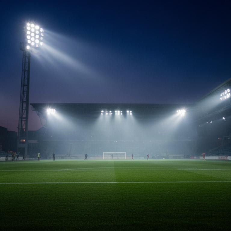 Focos LED iluminando un campo de fútbol natural durante un entrenamiento al anochecer