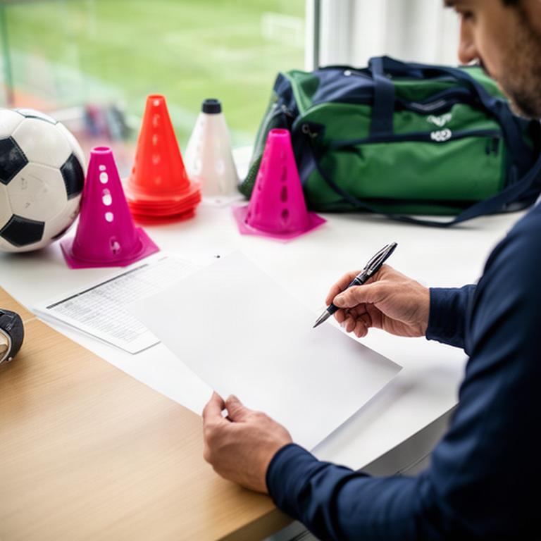 Responsable de un equipo rellenando la ficha de inscripción junto a material deportivo